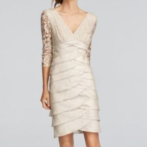 ADRIANNA PAPELL 3/4 Illusion Sleeve Lace Trim with Tiered Skirt